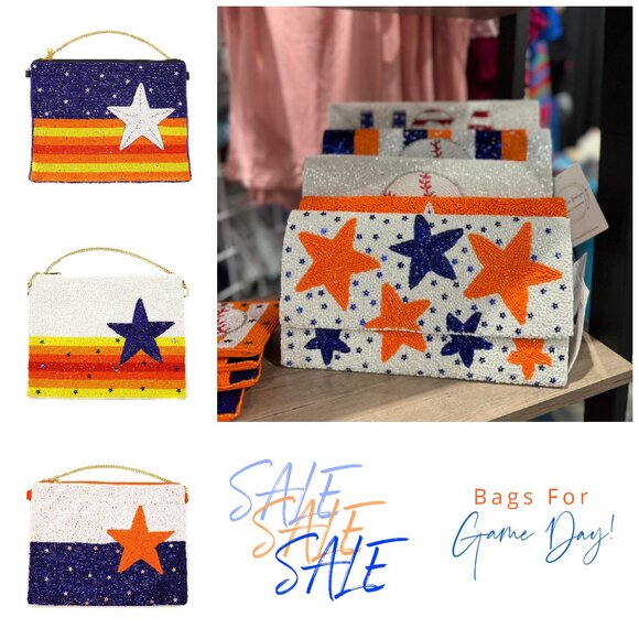 STAR Seed Beaded Orange Blue Team Colors Astros Auburn Crossbody Clutch Handbag - Picture 2 of 8